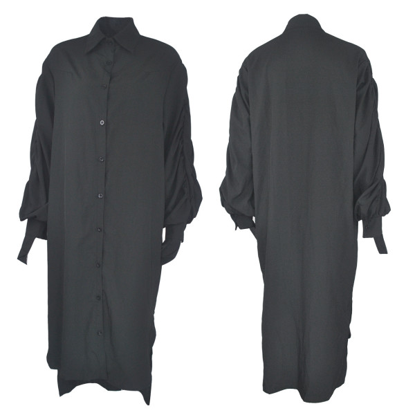 Long sleeved lapel pleated loose oversized shirt long dress