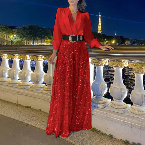 V-neck long sleeved shirt exudes an elegant and slim waist, with sequin wide leg pants