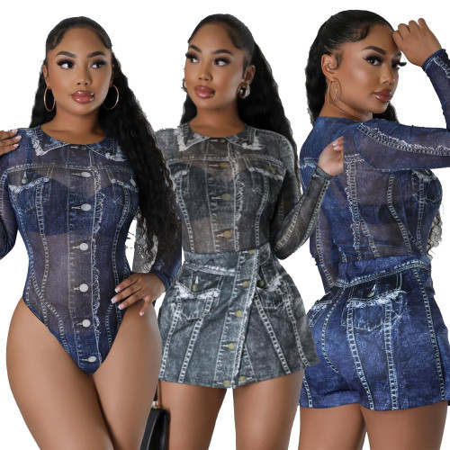 Mesh top positioning printed pants skirt set
