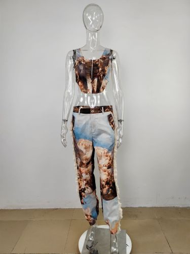 Camouflage vest sexy navel exposed high waisted pants with printed tassel pants set