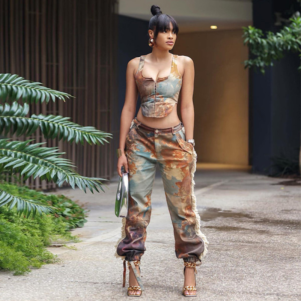 Camouflage vest sexy navel exposed high waisted pants with printed tassel pants set