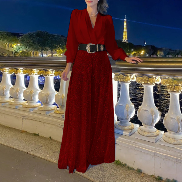 V-neck long sleeved shirt exudes an elegant and slim waist, with sequin wide leg pants