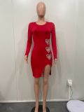 Long sleeved heart-shaped diamond patch double-sided brushed long skirt