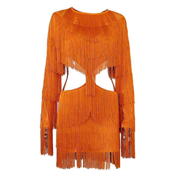 Long sleeved waist revealing sexy buttocks wrapped skirt with tassel dress
