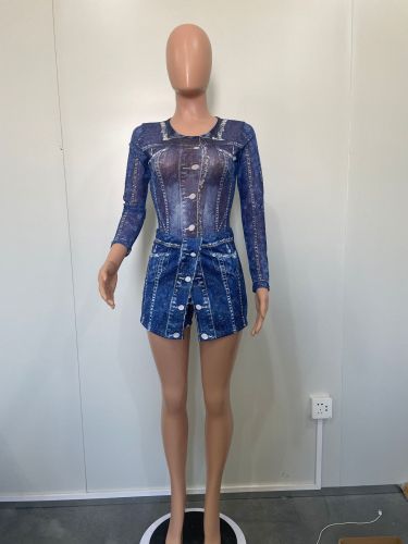 Mesh top positioning printed pants skirt set