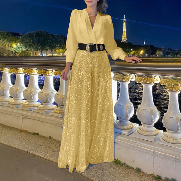 V-neck long sleeved shirt exudes an elegant and slim waist, with sequin wide leg pants