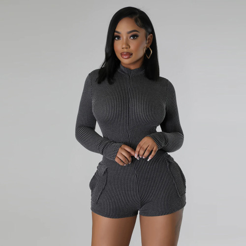 V-neck pocket long sleeved zippered elastic shorts jumpsuit
