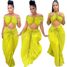 Women's solid color high-temperature pleated two-piece set