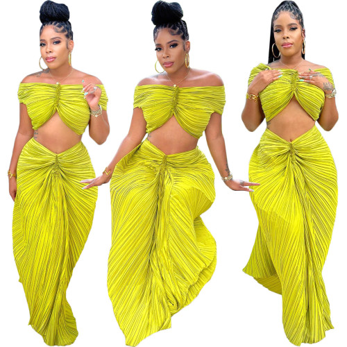 Women's solid color high-temperature pleated two-piece set