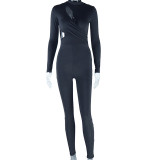 Round neck pullover long sleeved all-in-one tight fitness jumpsuit