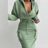 Solid color hooded V-neck top with drawstring tight fitting long skirt set