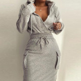 Solid color hooded V-neck top with drawstring tight fitting long skirt set
