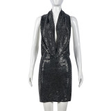 Beaded sexy hooded neckline hollowed out backless dress