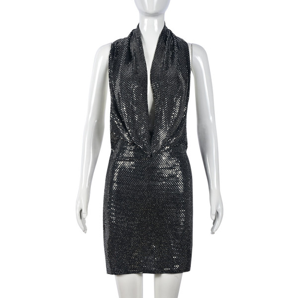 Beaded sexy hooded neckline hollowed out backless dress
