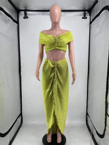 Women's solid color high-temperature pleated two-piece set