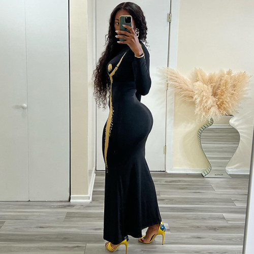 High necked tight fitting dress, long sleeved hand-painted printed buttocks wrapped skirt
