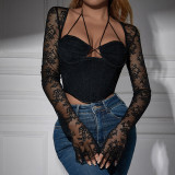 Women's lace perspective sexy slim fit with exposed navel hanging neck spicy girl long sleeved top