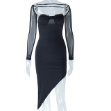 Mesh patchwork dress with buttocks wrapped skirt