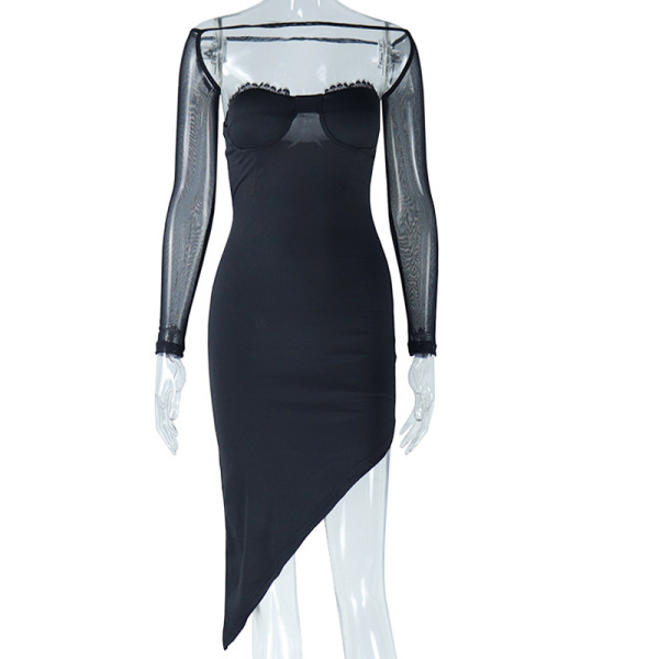 Mesh patchwork dress with buttocks wrapped skirt