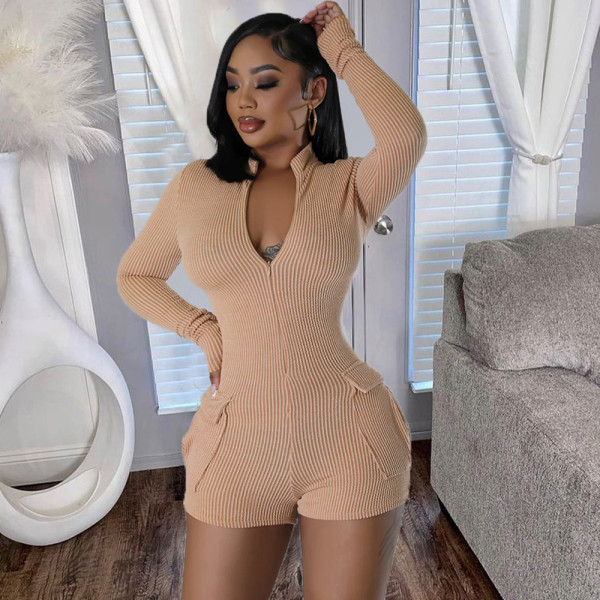 V-neck pocket long sleeved zippered elastic shorts jumpsuit
