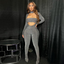 Women's high necked long sleeved sexy hollow out elastic jumpsuit