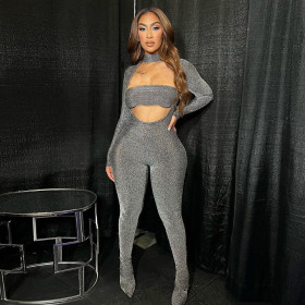 Women's high necked long sleeved sexy hollow out elastic jumpsuit