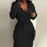 Solid color hooded V-neck top with drawstring tight fitting long skirt set