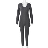 Women's V-neck style pocket long sleeved sexy hollow out jumpsuit