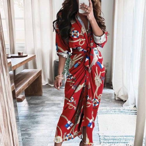 Sexy pleated printed irregular lace up dress