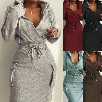Solid color hooded V-neck top with drawstring tight fitting long skirt set