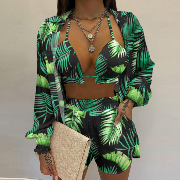 Printed camisole shirt and shorts three piece set