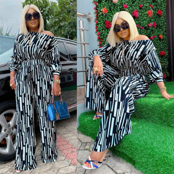 Striped printed diagonal long sleeved shoulder loose fashion casual set