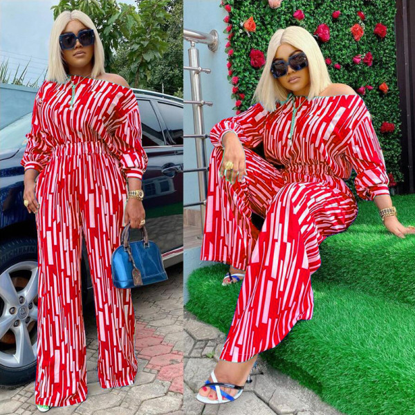 Striped printed diagonal long sleeved shoulder loose fashion casual set