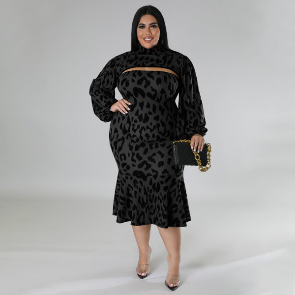 Long sleeved printed slim fit standing collar ruffled skirt set