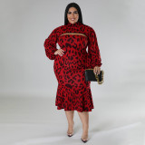 Long sleeved printed slim fit standing collar ruffled skirt set