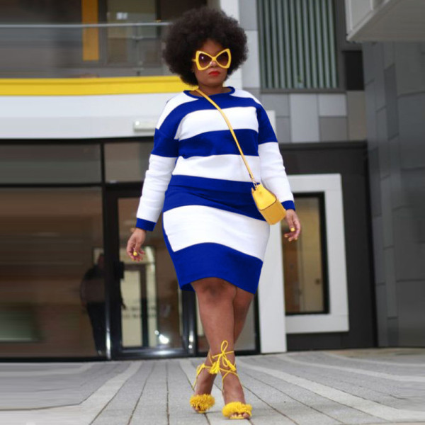 Round neck striped color blocking knit sweater
