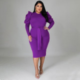 Women's long sleeved waistband slim fit oversized dress