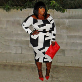 Large size women's long sleeved geometric printed dress