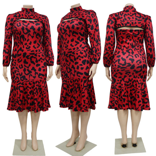 Long sleeved printed slim fit standing collar ruffled skirt set