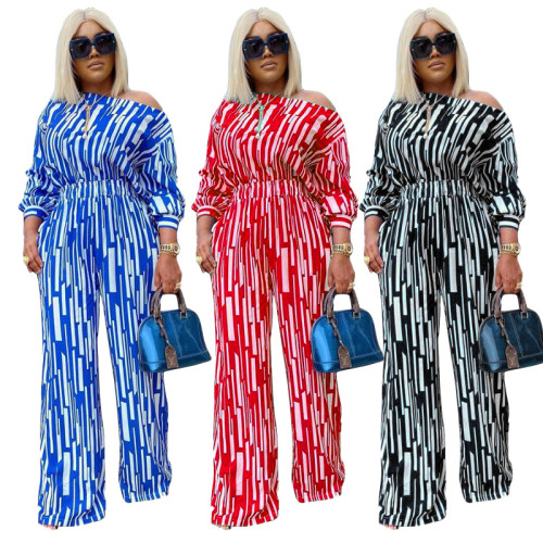Striped printed diagonal long sleeved shoulder loose fashion casual set