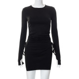 Round necked pullover long sleeved lace up slit dress