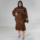 Long sleeved printed slim fit standing collar ruffled skirt set