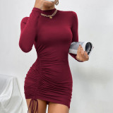 Long sleeved round neck drawstring slim fitting women's dress