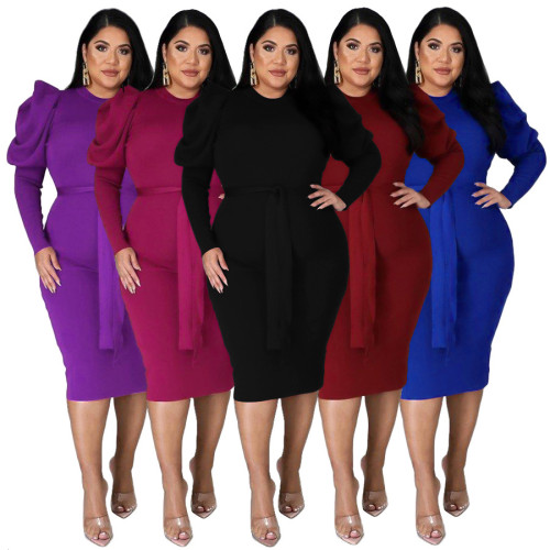 Women's long sleeved waistband slim fit oversized dress
