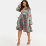 Deep V-neck pleated elegant skirt