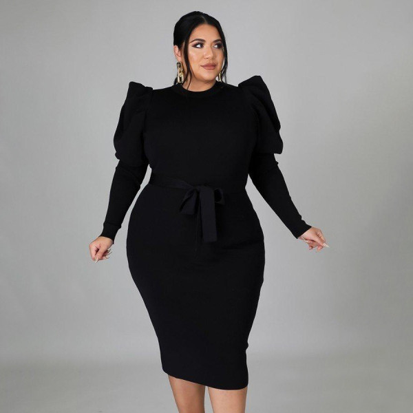 Women's long sleeved waistband slim fit oversized dress