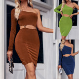Solid color single shoulder waist hollow wrap buttocks dress