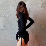 Round necked pullover long sleeved lace up slit dress