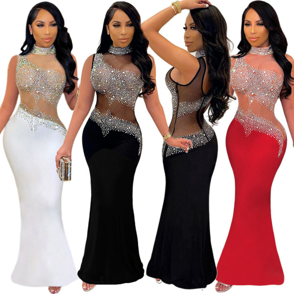 Perspective hot diamond sleeveless dress for women's nightclub evening dress