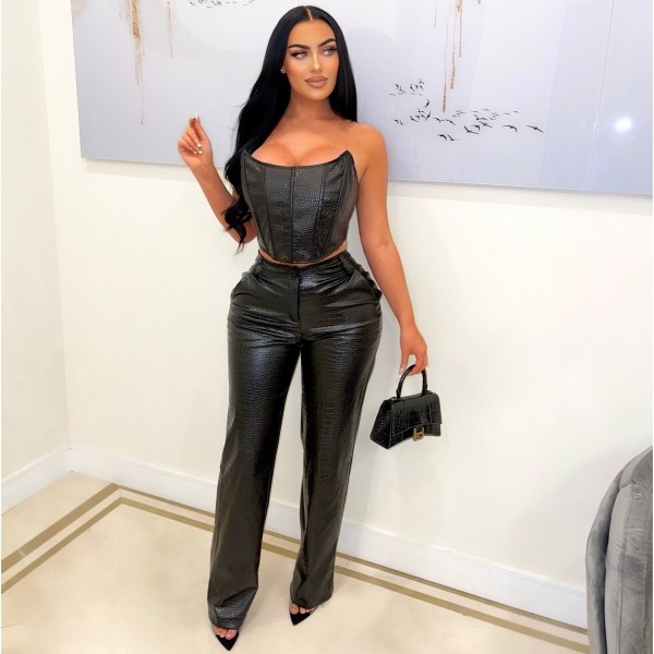 Women's strapless faux leather set, sexy PU two-piece set